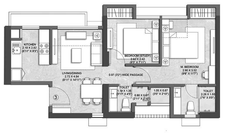 Kalpataru Parkcity 3 BHK - 1139 SqFt Floor Plan